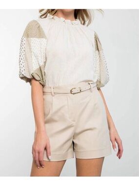 THML Aileen Textured Puff Sleeve Cotton Linen Blend Top
